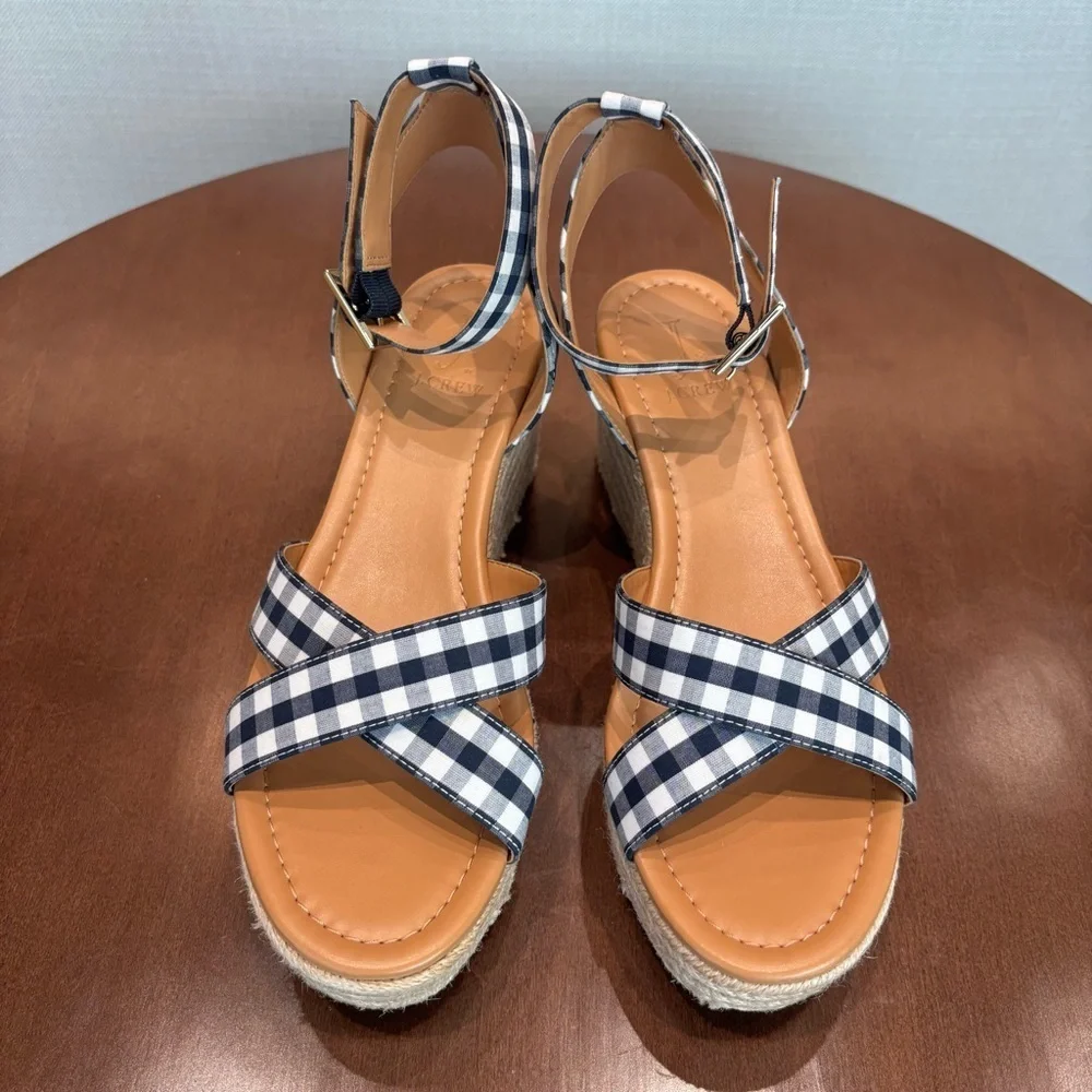NWOT J. Crew Gingham flatform espadrilles Wedges, Size 8
